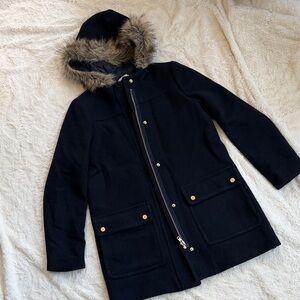 Navy Hooded Wool Coat with Faux Fur Trim